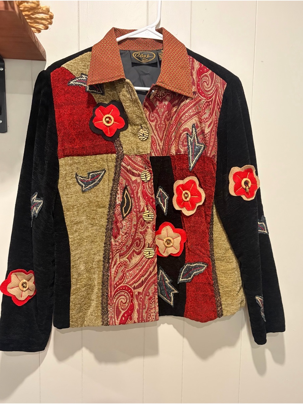 Eclectic Patchwork Blazer with Floral Appliqués - Red, Black, Olive